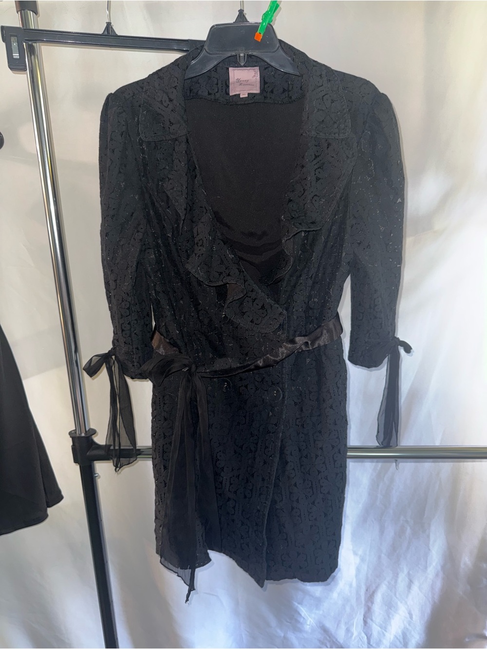 Young Essence Black Lace Wrap Mini Dress with Ruffle Neck